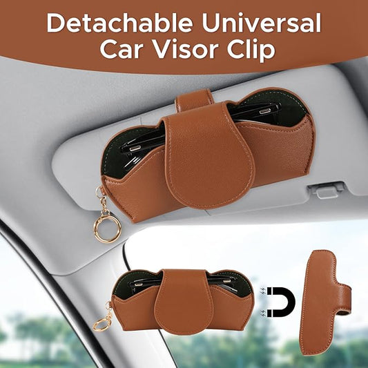 KINIVA Sunglasses Holder for Car Visor with Hanging Hook Portable Leather Glasses Storage Bag with Detachable Clips