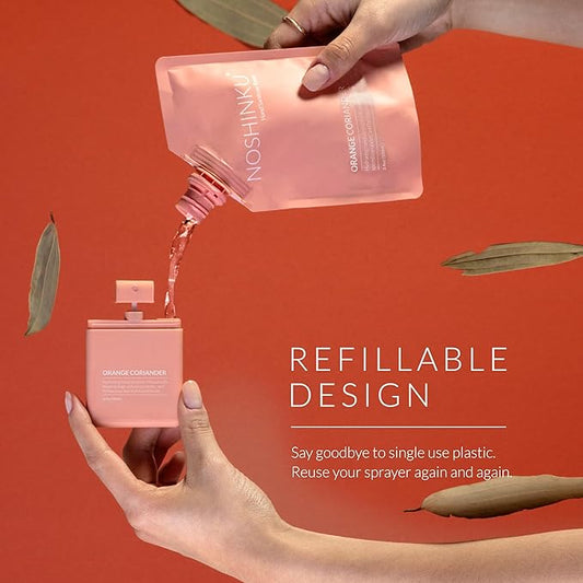 Noshinku - Refillable Hand Sanitizer Orange Coriander 3-Pack, Travel Size Spray, Hydrating Botanical Oils, Natural Ingredients, All Natural Fragrances, Sugarcane Derived Alcohol, No Parabens, No Dyes