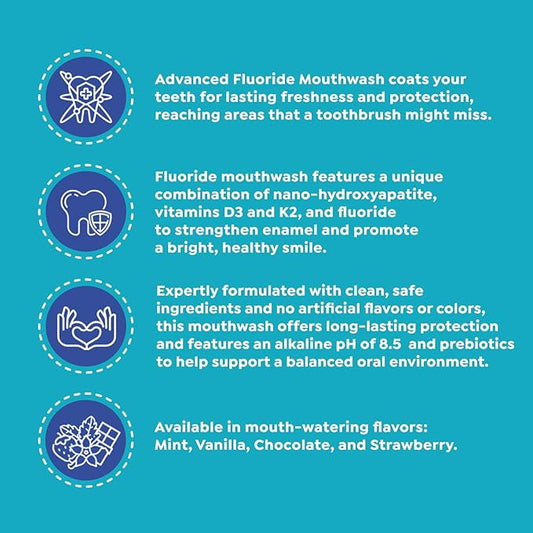 SuperMouth® Fluoride Mouthwash – Fluoride + Nano-Hydroxyapatite, Vitamins D3 & K2, Prebiotics, Alkaline pH 8.5, Alcohol-Free, Strengthens Enamel, Freshens Breath, Safe Clean Ingredients, Tasty Flavors