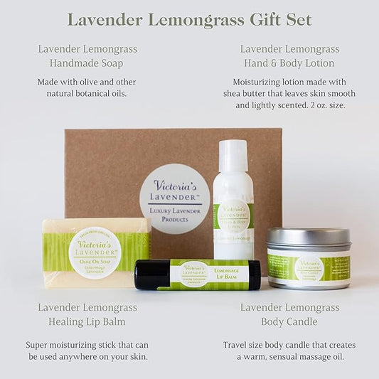 Victoria's Lavender Natural Body Products Gift Set - Handmade Soap, Hand & Body Lotion, Lip Balm, Made in the USA Body Candle Skin Care Set & Kits, Bath & Body Products for Women, Lavender Lemongrass