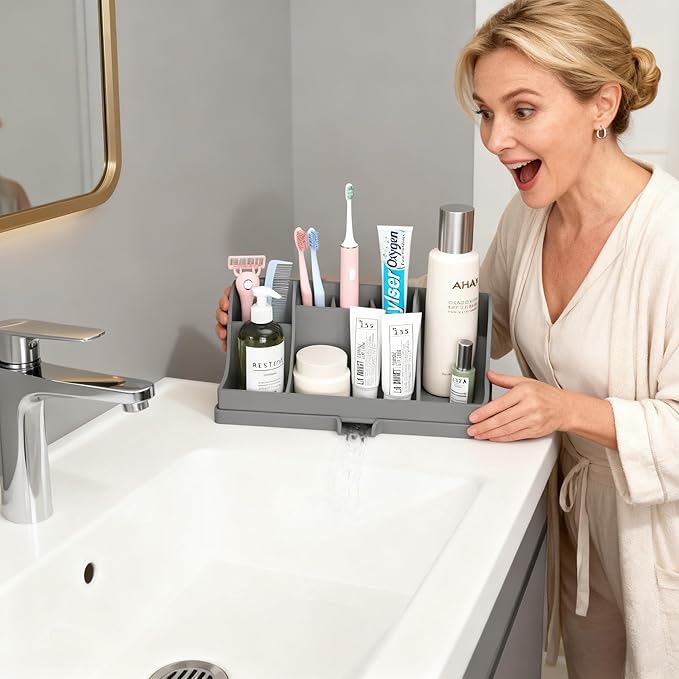 Large Silicone Bathroom Toothbrush Holder with Drainage, Electric Family Size Toothbrush Holder 7 Slots Countertop Toothpaste Holder Stand Organizer for Kids and Adult, Grey