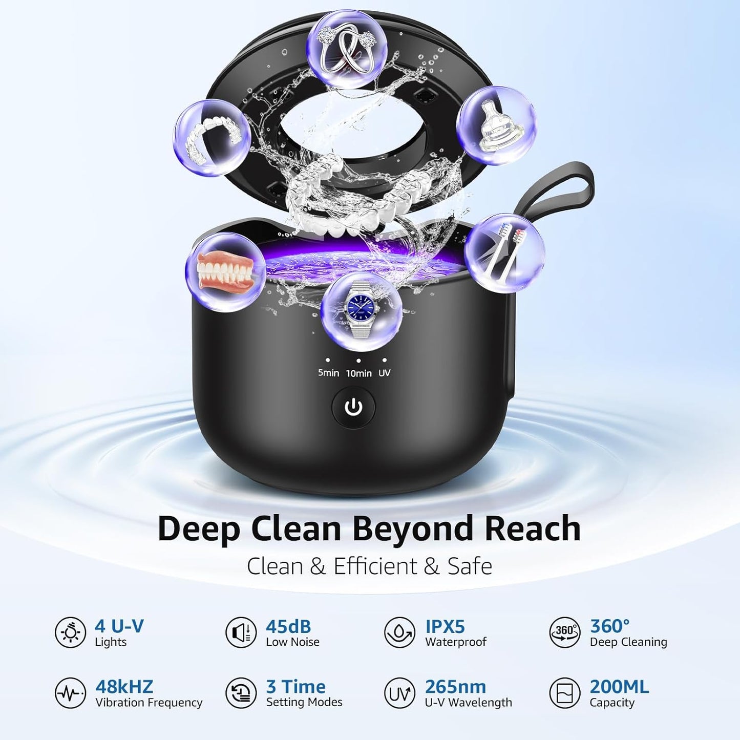 Ultrasonic Retainer Cleaner Machine: 48kHz Rechargeable Cordless Denture Cleaner - Waterproof Ultrasonic Jewelry Cleaner - 200ML Dental Cleaning Pod for Mouth Guard, Aligner