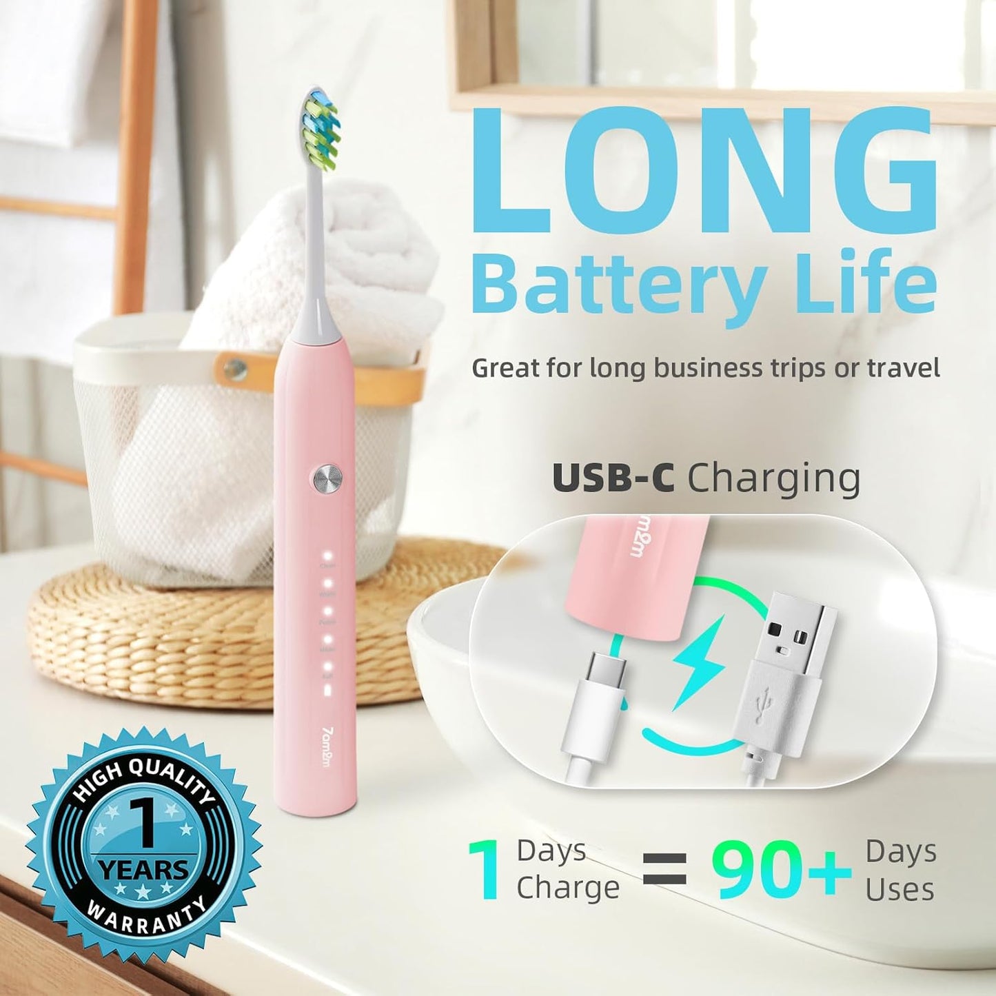 7AM2M Ultrasonic Electric Toothbrush for Adults and Kids, USB-C Rechargeable with 4 Brush Heads & 5 Modes, One Charge for 90 Days, 40000 VPM High-Powered, 2 Minutes Built-in Smart Timer, Pink
