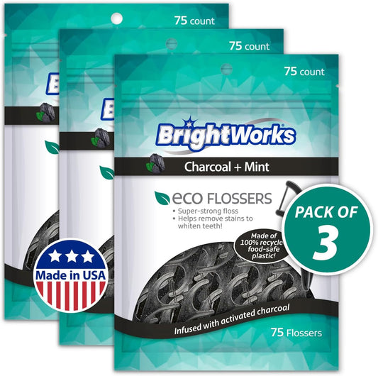 Brightworks ECO Sustainable Floss Picks - 225 Count - PFAS Free - Made in USA Charcoal + Mint Infused 100% Post-Consumer Recycled Plastic with Micro-Crystals for Oral Care Hygiene Gum Health