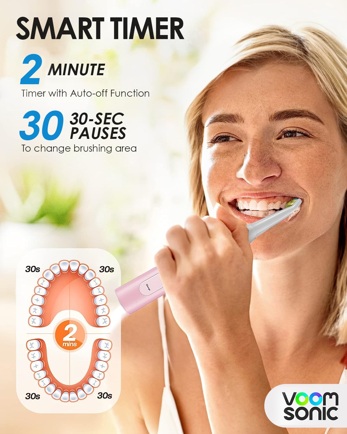 Voom Sonic Pro 5 Series Rechargeable Electronic Toothbrush + Pro 3/Pro 6-Replacement Heads - 2 Minute Timer with Quadrant Pacing, 5 Adjustable Speeds, Soft Dupont Nylon Bristles, Pink