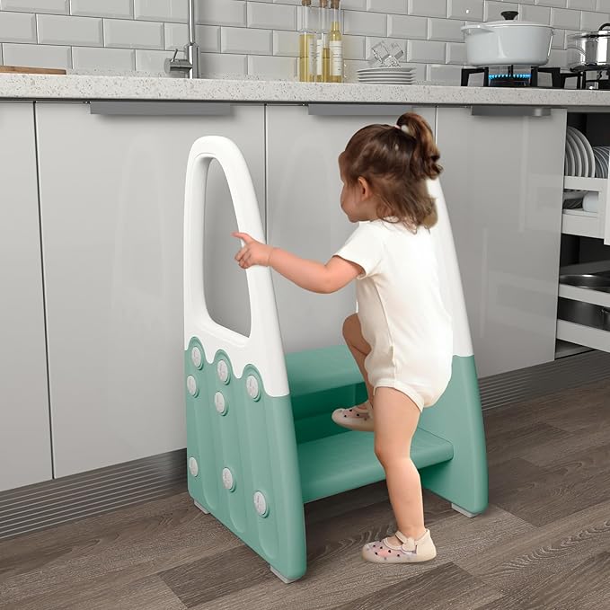 Two Step Stool with Handrails for Toddler and Kids, Standing Learning Stool Tower for Bathroom Sink, Potty Training, Children Step Up Learning Helper with Handles (Green-White)