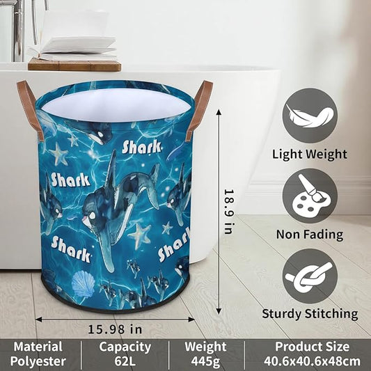Shark 62L Laundry Basket for Clothes Books Toys Adult Kids Rotundity Laundry Hampers Bin for Bathroom Kitchen Hotel