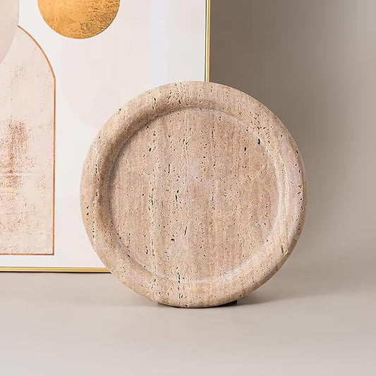 Natural Travertine Marble Vanity Tray- Round Stone Tray,Decorative Beige Countertop Organizer,Jewelry Dish for Bathroom,Coffee Table,Kitchen
