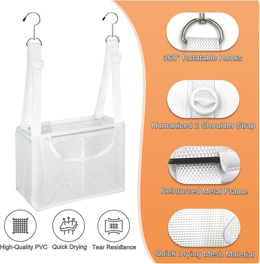 PVC Mesh Hanging Shower Caddy Organizer with 2pc Magnetic Hooks, Portable Adjustable Travel Bathroom Bag with Pockets for RV, Camping, Cruise, Dorm, Gym, White, 12“x5 x7(LxWxH)