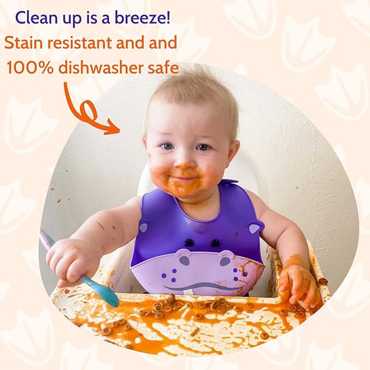 Silly Goose Silicone Animal Baby Bibs for Babies and Toddlers, Waterproof, Adjustable, Soft, Extra Wide Food Catcher Pocket (Baby Hippo)