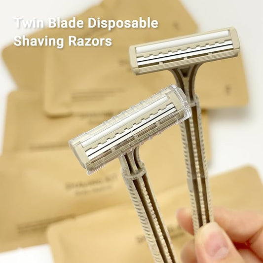 Disposable Shave Kit for Men &Women - 50 Pcs Wheat Straw Razors and Cream Bulk, Individually Wrapped Portable Toiletries Amenities for Hotel, Airbnb, Homeless, Shelter, Charity, Camping and Travel
