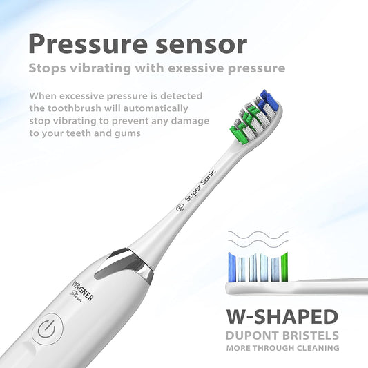 Wagner Stern Ultrasonic whitening Toothbrush with Pressure Sensor. 5 Brushing Modes and 4 Levels of Intensity, 8 Soft bristles, Travel case.