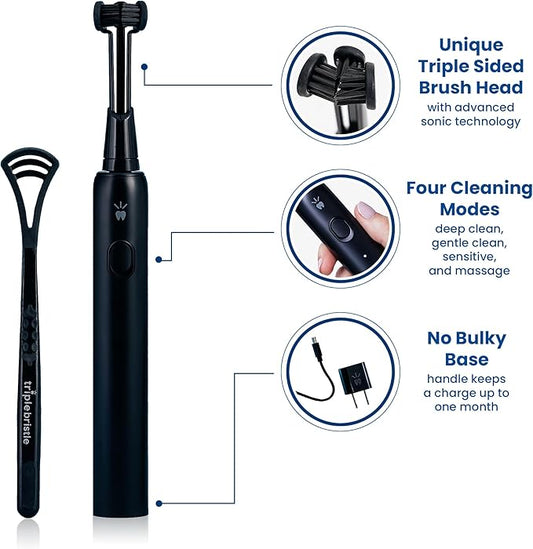 Triple Bristle Max Sonic | 3 Sided Toothbrush w/ 4 Modes | Dentist Created & Approved | Soft Charcoal Infused Nylon Bristles | Rechargeable & Waterproof