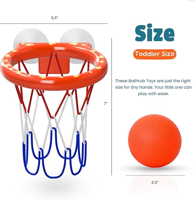 Bath Toys – Bathtub Basketball Hoop for Toddlers, Kids, Boys and Girls | 4 No-Hole Balls & Strong Suction Cups | Fun Basketball Bath Toy for Toddlers