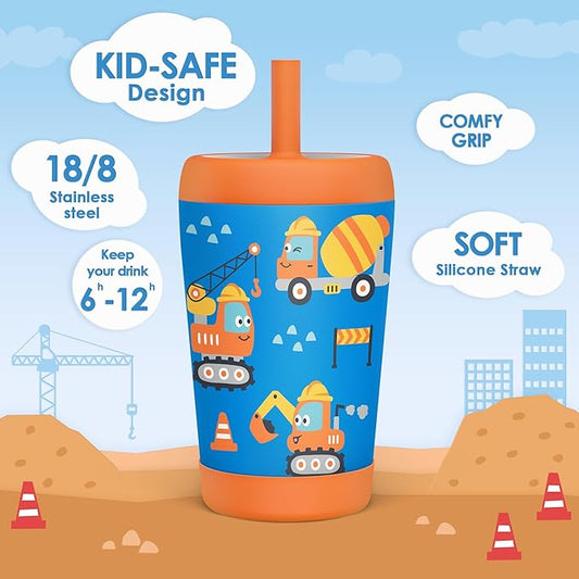Kid Insulated Stainless Steel Tumbler with Silicone Straw, 12oz Sippy Cup for Kids (Construction Trucks)