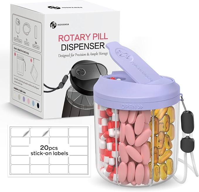 Pill Dispenser with 7 Large Compartments, Pill Organizer for Travel, Supplement Organizer with Anti-Mixing Design, BPA-Free Pill Container with 20 Pcs Labels, Purple