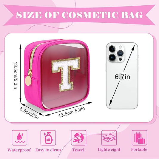 Personalized Initial Letter Clear Preppy Makeup Bag,Mini Nylon Chenille Letter Cosmetic Bag Cute Zipper Pouch Coin Purse for Teen Girls,Portable TSA Approved Travel Essentials Bag Gift for Women,T