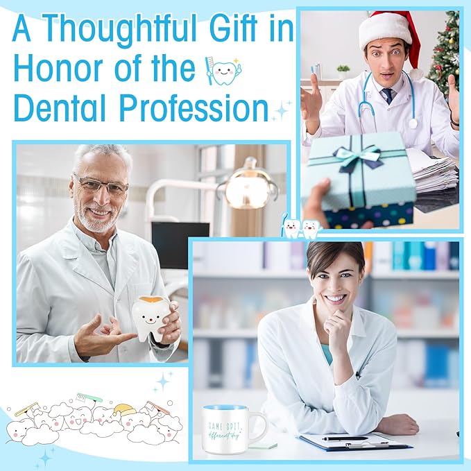 5 Pcs Christmas Dentist Thank You Gift Set for Women Dental Hygienist 15 oz Coffee Mug with Spoon Tooth Shape Candle Holder Planter Socks for Female Healthcare Worker Nurse Gifts