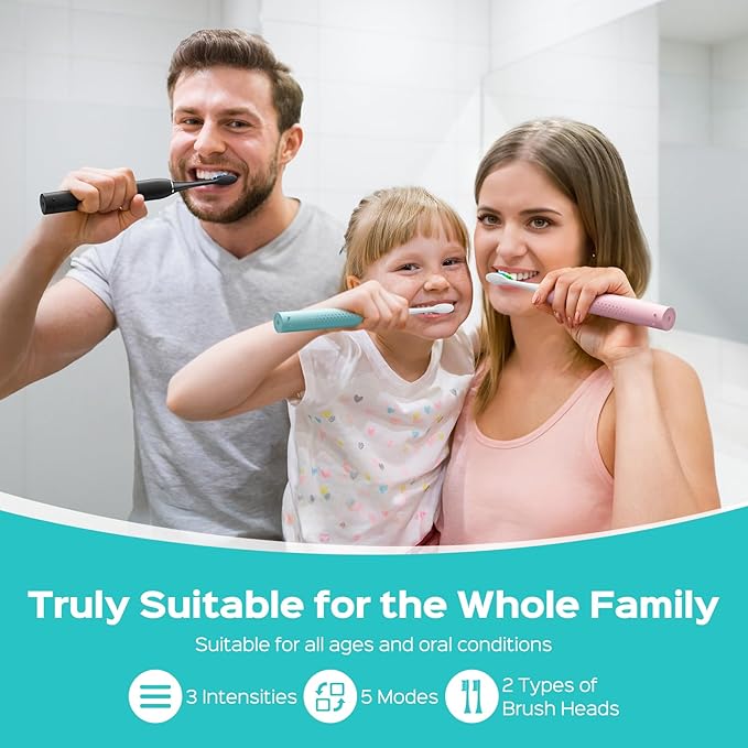 COSLUS Sonic Electric Toothbrush for Adults & Kids: 3 Intensities 5 Modes Gum-Friendly for Deep Cleaning & Whitening - 2 Types of Heads for Family, Sensitive Teeth, Braces, Travel & Home Use, Green