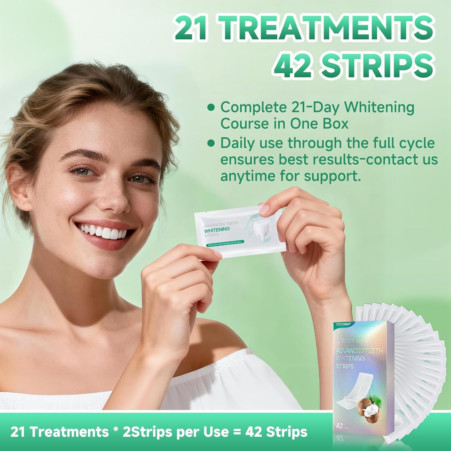 Teeth Whitening Strips for Sensitive, 42 Strips Whitener Safe Whitestrip, Deep Stains Removal Tooth Whitening, Enamel Safe Non-Slip Dry Strip Technology for Whiter Teeth,Coconut