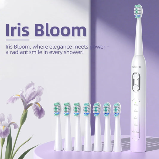 YUNCHI Electric Toothbrush for Adults and Kids, Travel Electric Toothbrush & Case, Sonic Rechargeable Toothbrushes, 90 Days, 8 Brush Heads, 2 Min Timer, IPX7 Waterproof, 5 Modes, Purple White Gradient