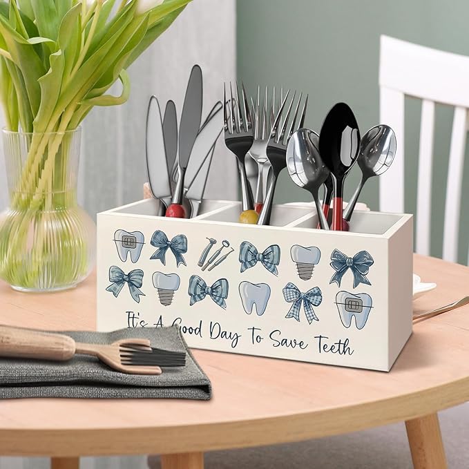 Dental Gifts Pen Pencil Holder for Desk, Dental Hygienist Gifts, Coquette Blue Bow Dentist Wooden Box Decorative Sign for Dentist Office Clinic Hospital Desk Tabletop Decor