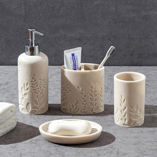 Bathroom Accessories Set, 4 PCS Bathroom Accessory Sets with Soap Dispenser 13 OZ, Toothbrush Holder, Tumbler, Soap Dish, Bathroom Countertop Organizer, Sea Bathroom Decor (Leaf Beach)