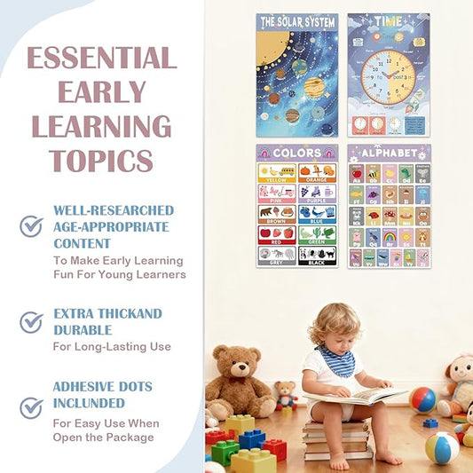 16 Educational Posters for Preschoolers, Laminated PreK Learning Poster Charts for Toddlers 1-3, Learning Wall Charts for Kids’ Bedroom, Playroom, Preschool, Kindergarten and Homeschool (Morandi A)