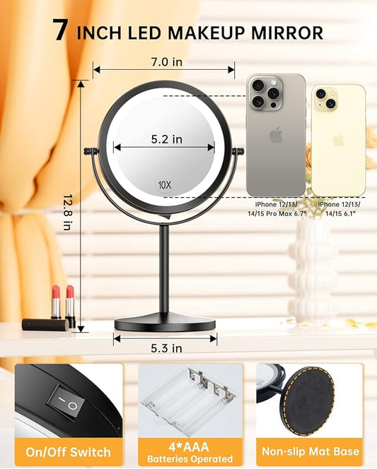 Gospire 7" Lighted Makeup Mirror with Magnification 10X/1X Double Sided, Round Magnifying LED Vanity Standing Cosmetic Shaving Mirror with Battery Operated, Cordless Portable for Bathroom Bedroom