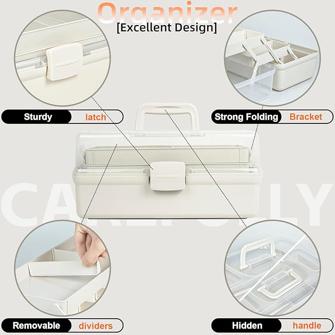 14in 3-Layer Multipurpose Craft Organizers and Storage with Adjustable Dividers, Portable Tackle Box, Folding Art & Craft Case for Medicine, Tool, Sewing Organizer (White, X-Large)