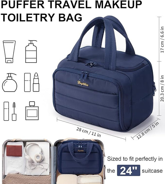 Travel Toiletry Bag, Lightweight Wide-open Large Puffy Toiletry Bag for Women, Quilted Makeup Bag Organizer Water-resistant Cosmetic Bag with Handle for Toiletries, Essentials, Accessories