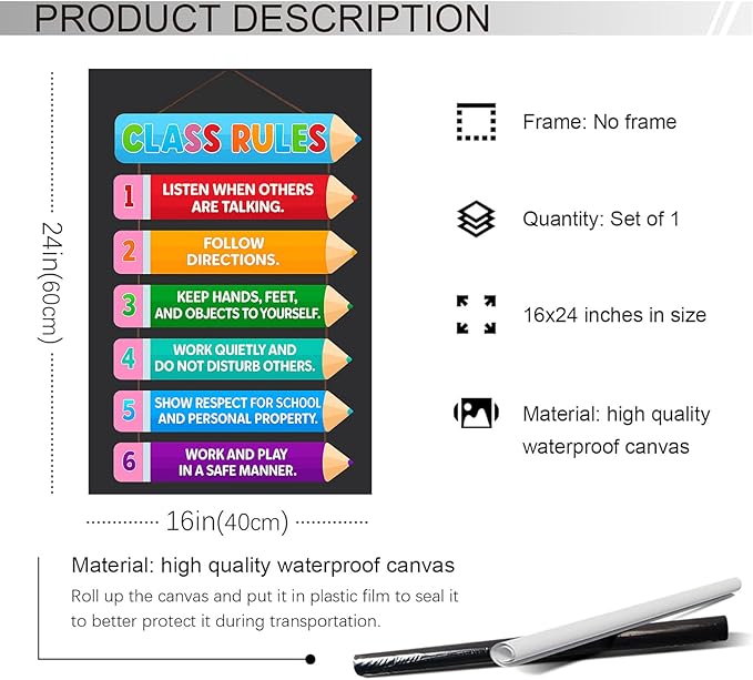 Colorful Classroom Rules Poster – Educational Motivational Wall Art for Elementary, Preschool, Kindergarten, Middle School – Back to School Teacher Supplies and Classroom Decorations 16x24 in Unframed