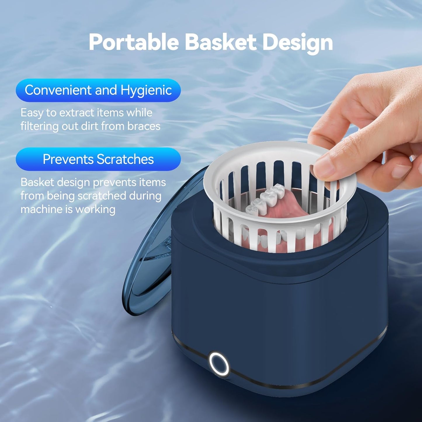 Retainer Cleaner, 48kHz Ultrasonic Retainer Cleaner Machine for Denture, Mouthguard, Braces, Night Guard, Aligner, Toothbrush, Jewelry with 7.8OZ Dental Cleaning Pod-Blue