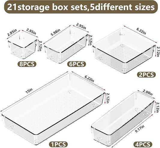21 PCS Clear Plastic Drawer Organizer Set, 5 Sizes Acrylic Drawer Storage Trays Non Slip Storage Bins for Makeup, Jewelry, Gadgets for Kitchen, Bedroom, Bathroom, Office