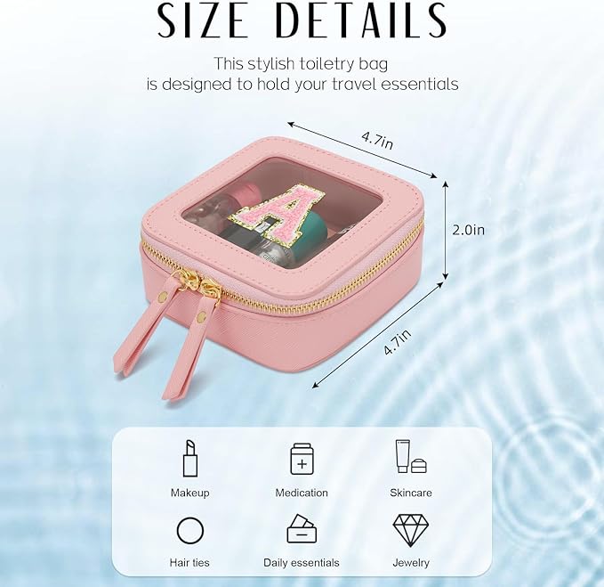 Christmas Gifts for Girls - Initial Clear Toiletry Bag, Small Cosmetic Bags for Girls with Zipper, Potable Mini Makeup Bag for Birthday, Graduation (Pink, A)