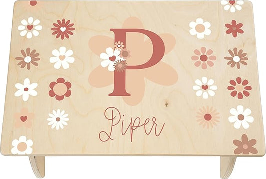 Daisy Step Stool for Toddlers- Personalized Wood Kids Step Stool with Name for Kitchen Sink, Bathroom, Potty Training, Toilet, Kitchen Sink- Sturdy and Safe- Made in USA by BloomOwl (Daisy)