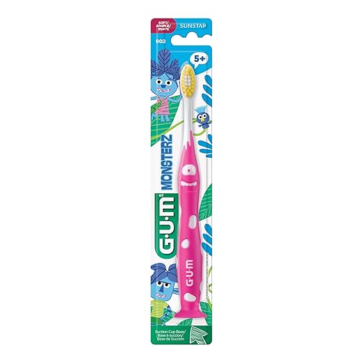 GUM Monsterz Jr Kids’ Toothbrush, Soft Bristled Children’s Toothbrush with Suction Cup, for Ages 5+, 1 Count(Pack of 6)