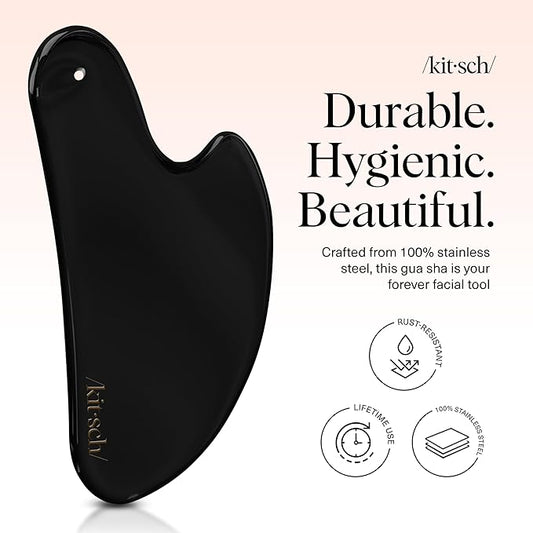 Kitsch Stainless Steel Gua Sha Facial Tools - Lymphatic Drainage Massager for Face & Chin, Jawline Shaper, Double Chin Reducer, Guasha Tool for Face Massager, Skin Care Tools - Matte Black