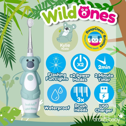 brush-baby WildOnes™ Rechargeable Kids Electric Toothbrush – Koala | Flashing Lights, 2-Min Timer, Waterproof, 3 Brush Heads | Toddler & Child Toothbrush Ages 0-10 | Soft Bristles