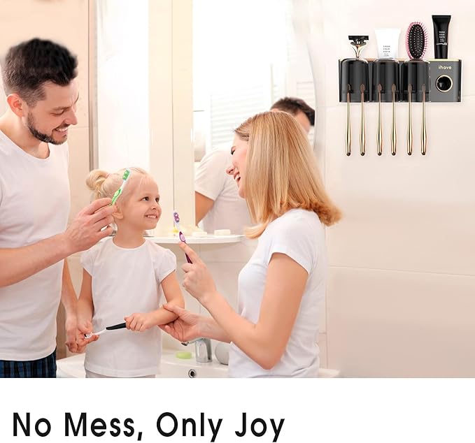 iHave Toothbrush Holders Bathroom Accessories with Toothpaste Dispenser, 3 Cups Toothbrush Holder Wall Mounted Bathroom Decor