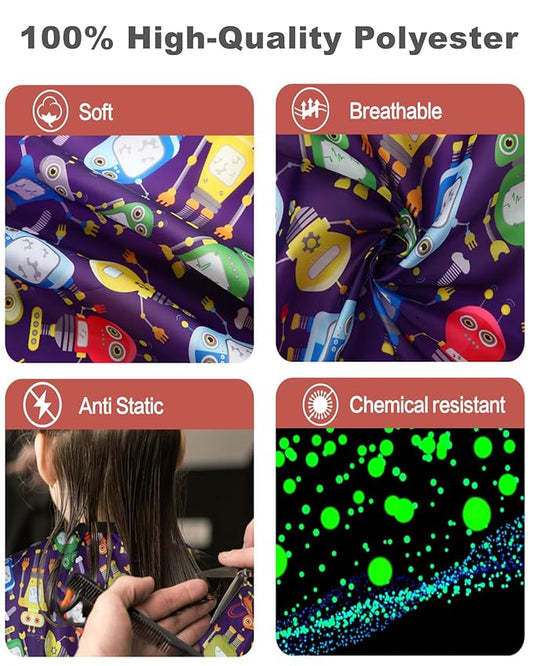 Kids Barber Cape with Neck Duster Brush, Professional Salon Hair Cutting Cape with Adjustable Snap Closure(Cartoon Robot)