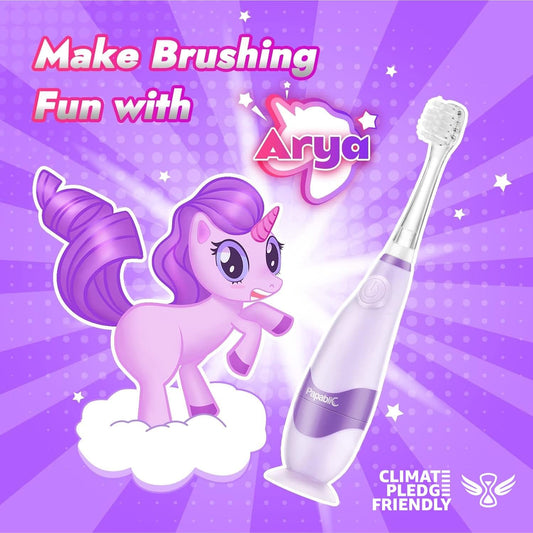 Papablic Toddler Sonic Electric Toothbrush Kids for Ages 1-3 Years, Baby Electric Toothbrush with Cute Unicorn Cover and Smart LED Timer, 4 Brush Heads (Arya)