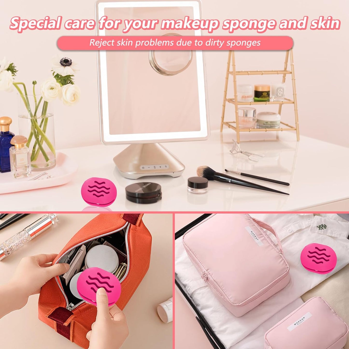 2-Pack Silicone Makeup Sponge Travel Case Makeup Sponge Holder Beauty Blender Case - Travel Storage Case for Beauty Blenders, Portable Organizer(Rose+Gery)