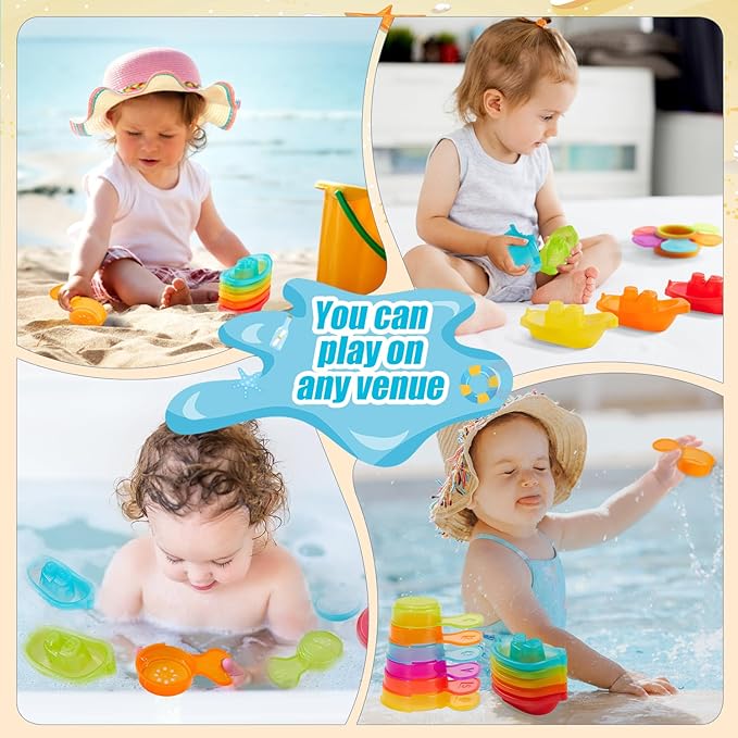 Baby Bath Toys for Kids Ages 1-3, 11PCS Mold Free Bath Toys for Toddlers with Floating Boats and Spoons, Baby & Toddler Bathtub Water Table Pool Sand Play Toys for Christmas Stocking Stuffers