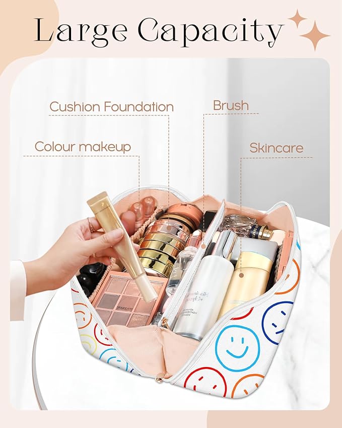 Bistup Makeup Bag Travel Cosmetic Bag Toiletry Make Up Bags Cute Women Large Capacity Big Medium Leather Portable Teen Girls Teenage Kawaii Foldable Expandable Compact Soft Open Flat Zip