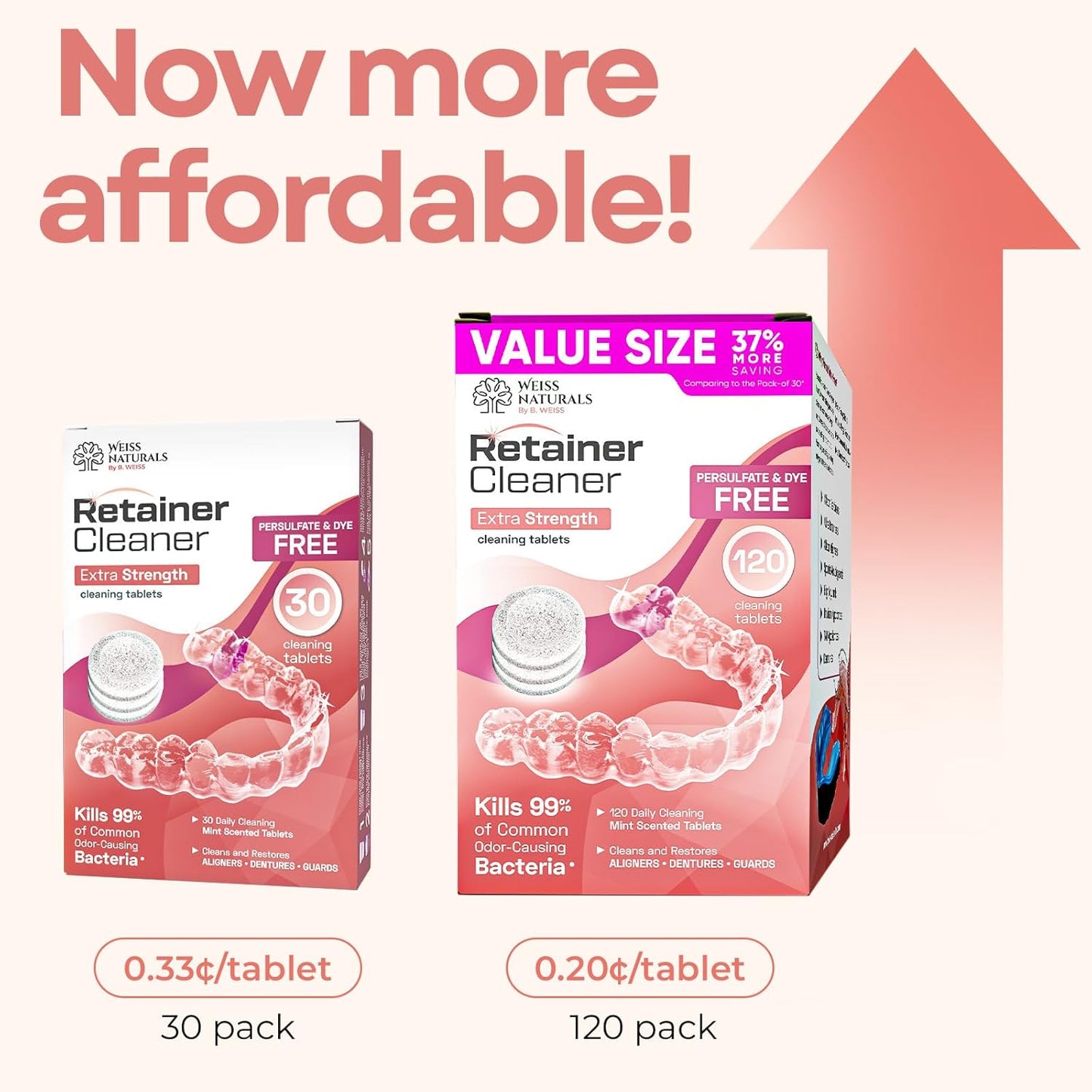 Weiss Naturals Retainer Cleaning Tablets, Invisalign Cleaner, Remove Stains, Odors & Plaque, FSA & HSA Eligible, Night Guard Cleaner PERSULFATE & DYE-FREE 1-Month Supply, Denture Cleaners, 30 Tablets