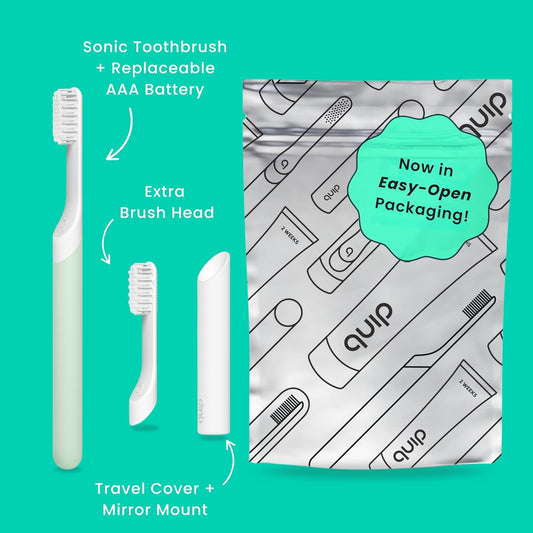 Quip Sonic Electric Toothbrush for Adults - Time Travel & Soft Bristles with Travel Case & Replacement Brush Head - 3 Month Battery Life, Plastic Handle - Sage Green