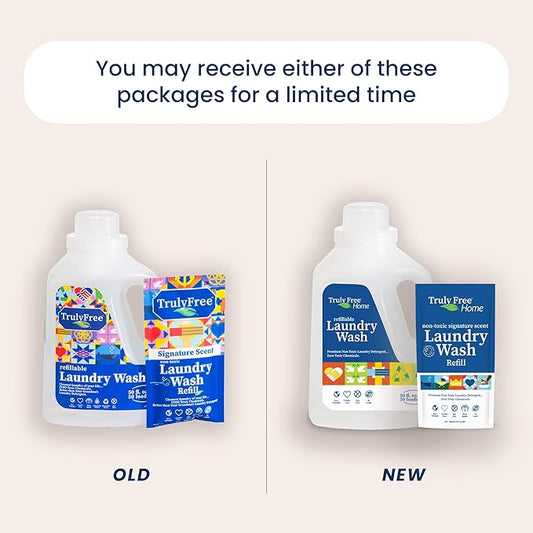 Truly Free Natural Laundry Detergent for Sensitive Skin | Eco Friendly, Plant Based, Baby Clothes Safe | Clean & Easy Powder to Liquid, 1 Pack Detergent + 1 Refillable Jug | Signature Scent, 50 Loads