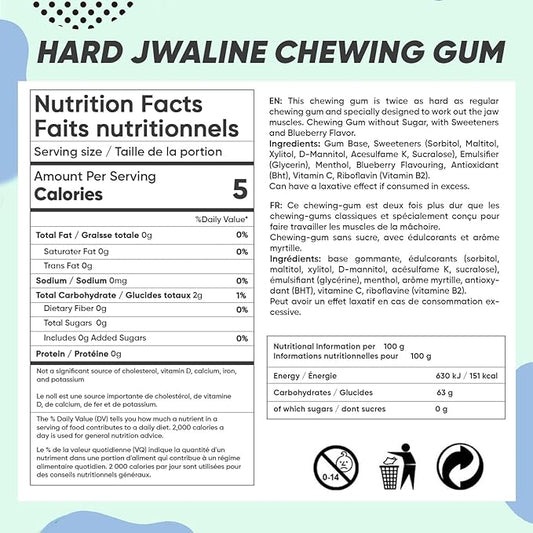 Jawliner® Hard Jwaline Chewing Gum - Sugar Free Blueberry Tough Jaw Gum - Jaw Exerciser Strong Mewing Jawline Mistic Gum - 2x Harder than Regular Chewing Gum 130 Grams (48 Strips)