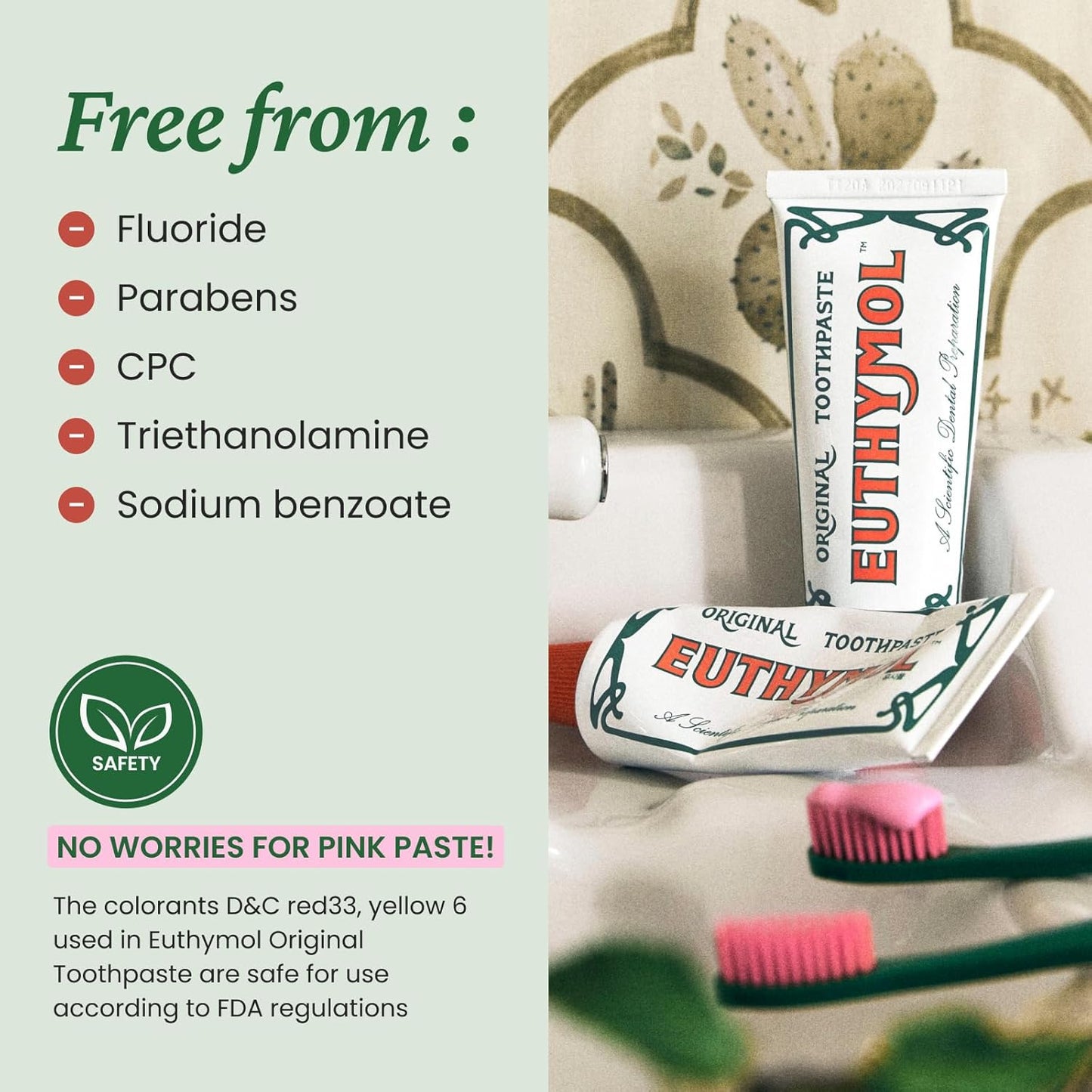 EUTHYMOL Original Toothpaste (3.7fl oz*5, Pack of 5) - Fluoride-Free Toothpaste for Sensitive Teeth & Gum. Bad Breath, Cavity Prevention, 12-Hour Long Lasting Freshness with Wintergreen